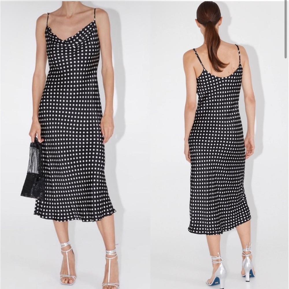 Zara polka dot cowl midi slip dress